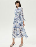 Floral Flared Sleeves V-neck Ruffle Tapered Waist Maxi Dress