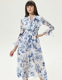 Floral Flared Sleeves V-neck Ruffle Tapered Waist Maxi Dress