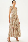 Floral Corset Backless Lace Up Large Hemline Cami Maxi Dress Beige