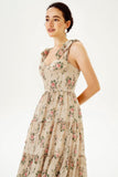 Floral Corset Backless Lace Up Large Hemline Cami Maxi Dress Beige