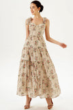 Floral Corset Backless Lace Up Large Hemline Cami Maxi Dress Beige