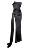 Haliya Crystallized Corset High Slit Gown - Black