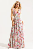 Flora V-neck Pleated Cutout Ruffle Hem Maxi Dress