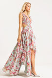 Flora V-neck Pleated Cutout Ruffle Hem Maxi Dress