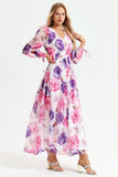 Floral Puff Long Sleeve V-neck Maxi Dress