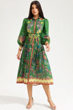 Lapel Lantern Sleeve Printed Large Hemline Long Dress