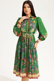 Lapel Lantern Sleeve Printed Large Hemline Long Dress