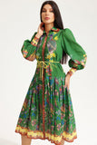 Lapel Lantern Sleeve Printed Large Hemline Long Dress