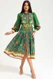 Lapel Lantern Sleeve Printed Large Hemline Long Dress