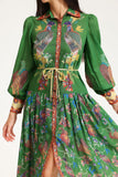 Lapel Lantern Sleeve Printed Large Hemline Long Dress