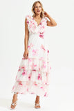 Floral V-Neck Lace Up Backless Tiered Ruffle Hem Maxi Dress