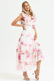 Floral V-Neck Lace Up Backless Tiered Ruffle Hem Maxi Dress