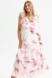 Floral V-Neck Lace Up Backless Tiered Ruffle Hem Maxi Dress