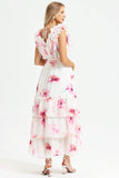 Floral V-Neck Lace Up Backless Tiered Ruffle Hem Maxi Dress