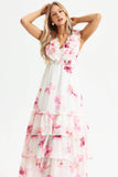 Floral V-Neck Lace Up Backless Tiered Ruffle Hem Maxi Dress