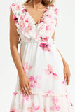 Floral V-Neck Lace Up Backless Tiered Ruffle Hem Maxi Dress