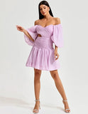 Pink Puff Sleeve Off-Shoulder Mini Dress