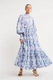 Floral Lantern Sleeve Stand Collar Belted Midi Dress