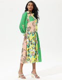 Printed Long Sleeve Lapel Lace Up Midi Dress