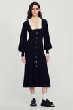 Black Lantern Sleeves Lapel Knit Midi Dress