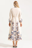 Floral Lantern Sleeve Stand Collar Lace Up Midi Dress