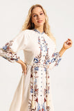 Floral Lantern Sleeve Stand Collar Lace Up Midi Dress