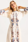 Floral Lantern Sleeve Stand Collar Lace Up Midi Dress