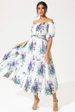 Floral Puff Sleeves Off-shoulder Ruffle Hem Maxi Dress