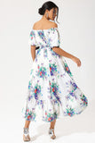 Floral Puff Sleeves Off-shoulder Ruffle Hem Maxi Dress