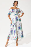 Floral Puff Sleeves Off-shoulder Ruffle Hem Maxi Dress