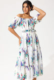 Floral Puff Sleeves Off-shoulder Ruffle Hem Maxi Dress