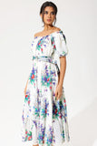 Floral Puff Sleeves Off-shoulder Ruffle Hem Maxi Dress