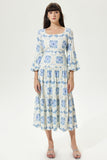 Floral Lantern Sleeve Square Collar Tapered Waist Maxi Dress