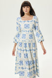 Floral Lantern Sleeve Square Collar Tapered Waist Maxi Dress