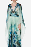 Floral Long Sleeves V-neck Tapered Waist Maxi Dress