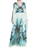 Floral Long Sleeves V-neck Tapered Waist Maxi Dress