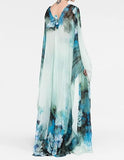 Floral Long Sleeves V-neck Tapered Waist Maxi Dress