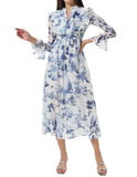 Floral Flared Sleeves V-neck Ruffle Tapered Waist Maxi Dress