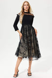 Black Long-sleeved Crew Collar Lace Patchwork Embroidered Midi Dress