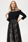 Black Long-sleeved Crew Collar Lace Patchwork Embroidered Midi Dress