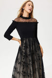 Black Long-sleeved Crew Collar Lace Patchwork Embroidered Midi Dress