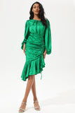 Green Lantern Sleeve Round Collar Waist Irregular Fishtail Midi Dress