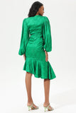 Green Lantern Sleeve Round Collar Waist Irregular Fishtail Midi Dress