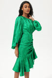 Green Lantern Sleeve Round Collar Waist Irregular Fishtail Midi Dress