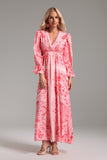 Printed Long Sleeve V-neck Lace-trimmed Silk Maxi Dress