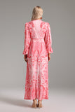 Printed Long Sleeve V-neck Lace-trimmed Silk Maxi Dress