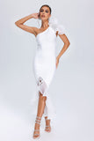 Kyra One Shoulder Slit Midi Bandage Dress - White