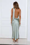 Around The Room Satin Midi Dress Sage