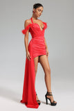 Lala Halterneck Feather Satin Mini Dress - Red