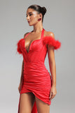 Lala Halterneck Feather Satin Mini Dress - Red